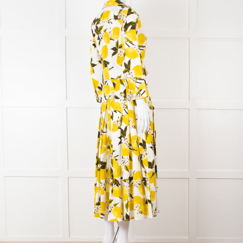 Samantha Sung White Yellow Lemon Print Cotton Belted Dress