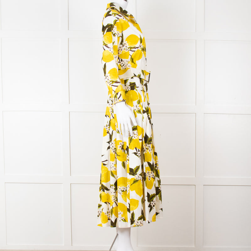 Samantha Sung White Yellow Lemon Print Cotton Belted Dress