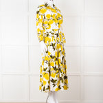 Samantha Sung White Yellow Lemon Print Cotton Belted Dress