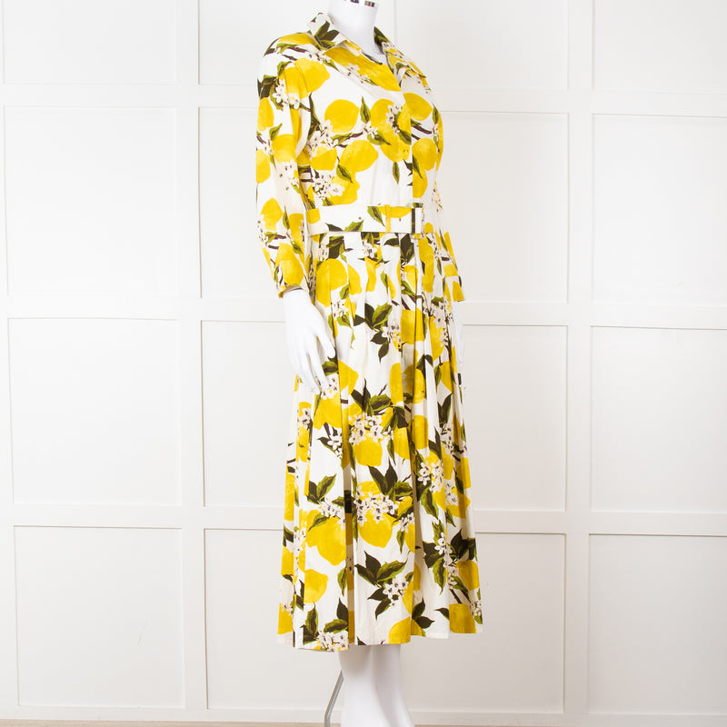 Samantha Sung White Yellow Lemon Print Cotton Belted Dress