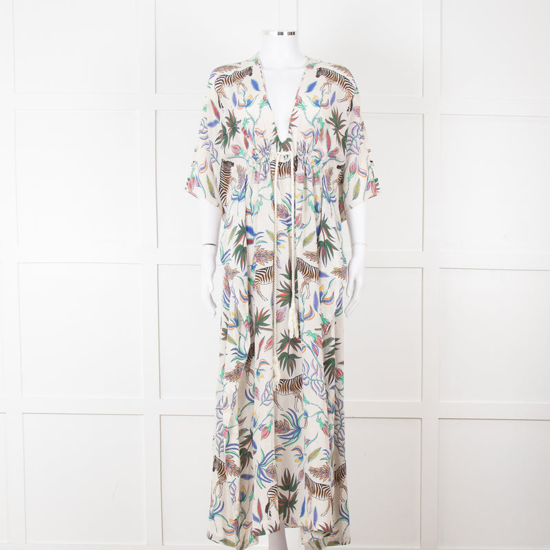 Lazul Cream Multicolour Floral & Zebra Print Long Kaftan
