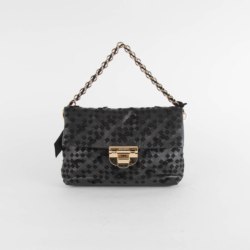 Nina Ricci Black Leather And Fabric Woven Small Shoulder Bag
