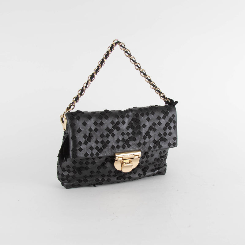Nina Ricci Black Leather And Fabric Woven Small Shoulder Bag