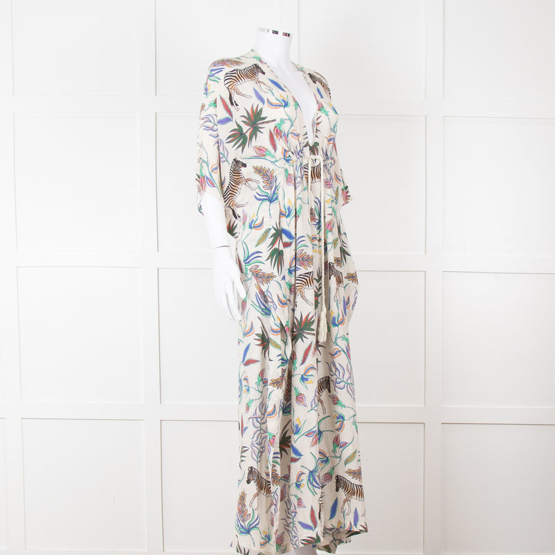 Lazul Cream Multicolour Floral & Zebra Print Long Kaftan