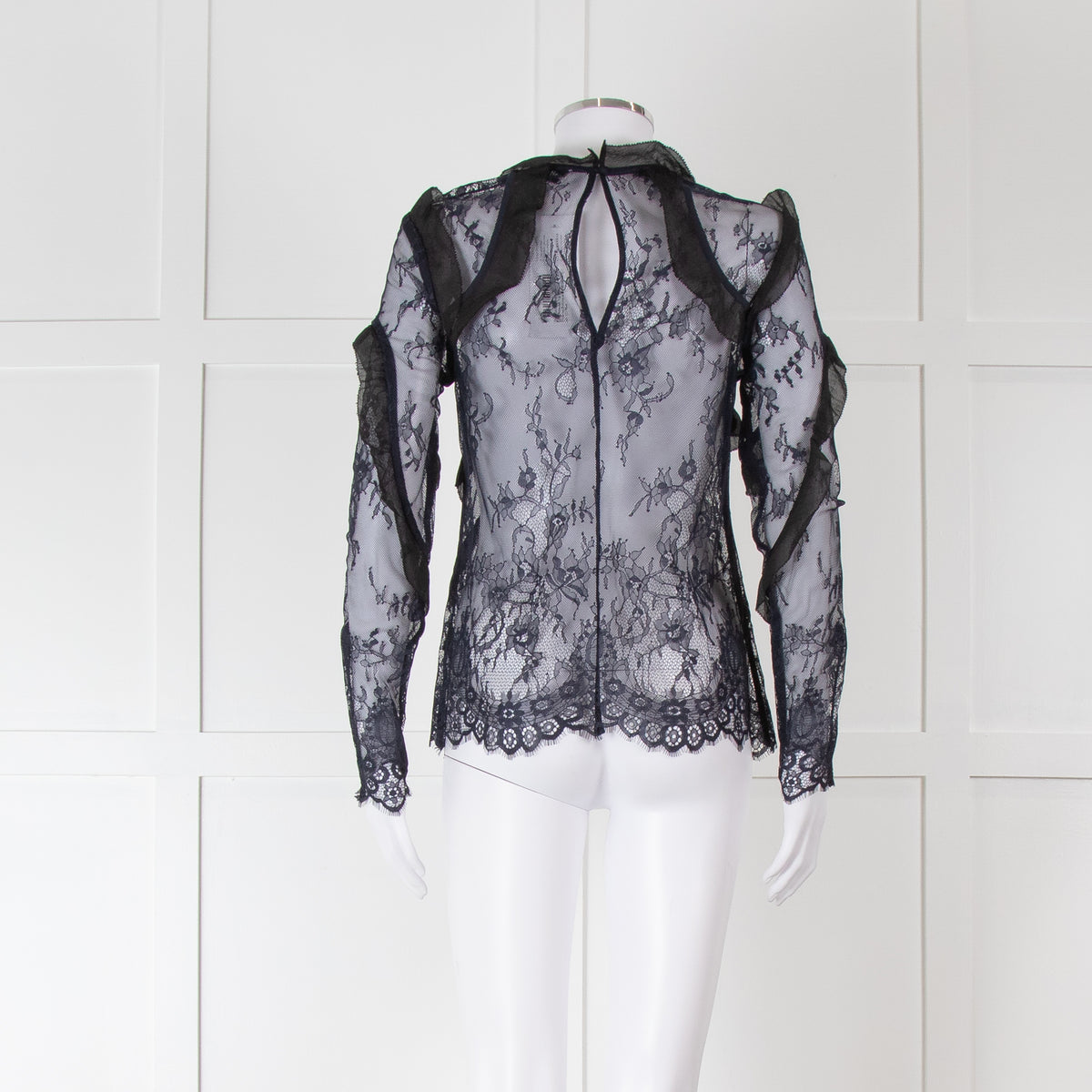 Self-Portrait Navy Lace Long Sleeved Top with Covered Buttons and Frill Detailing