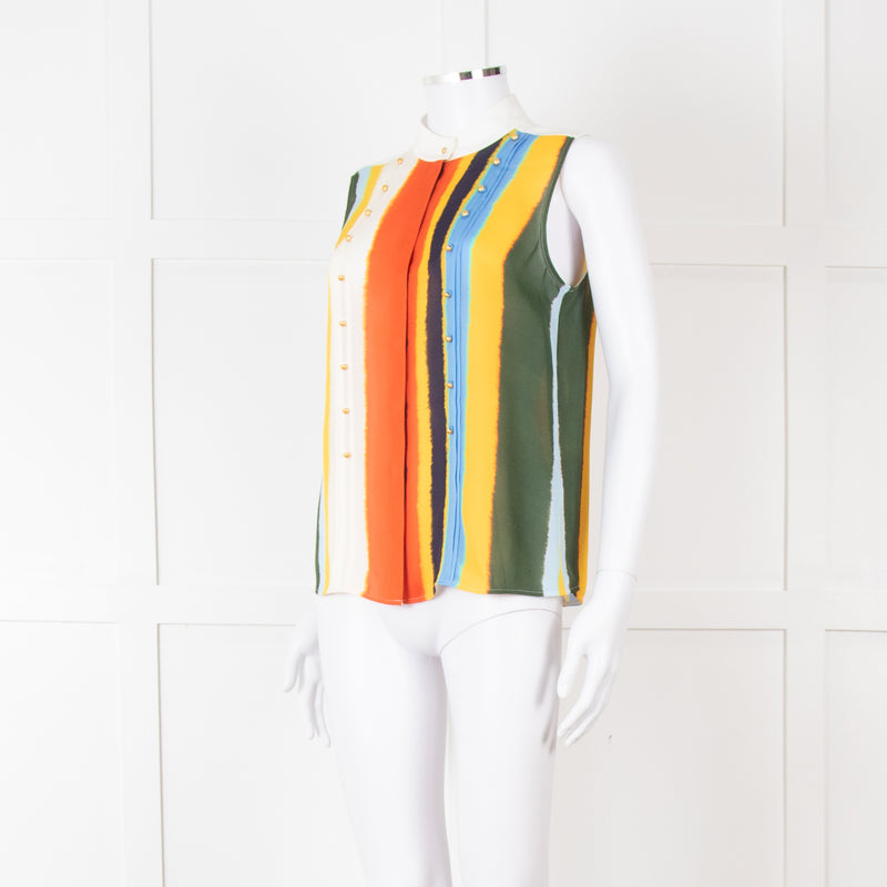 Tory Burch White Green Yellow Sleeveless Button Detail Top