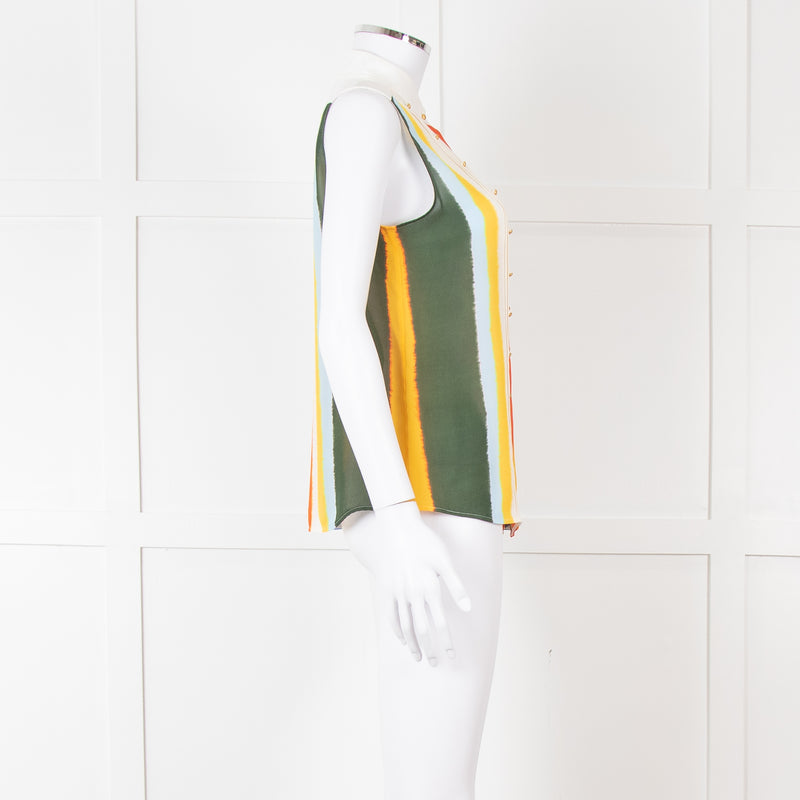 Tory Burch White Green Yellow Sleeveless Button Detail Top