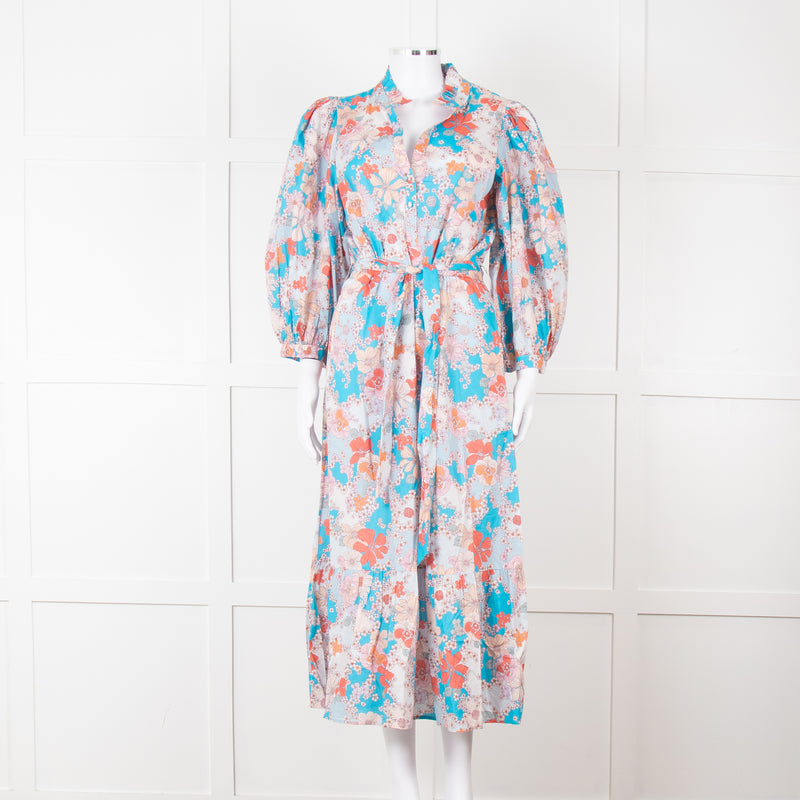 Dea Kudibal Blue Orange Floral Cotton Maxi Belted Dress