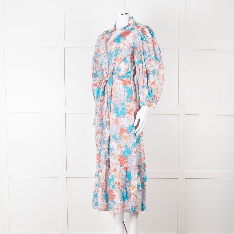 Dea Kudibal Blue Orange Floral Cotton Maxi Belted Dress