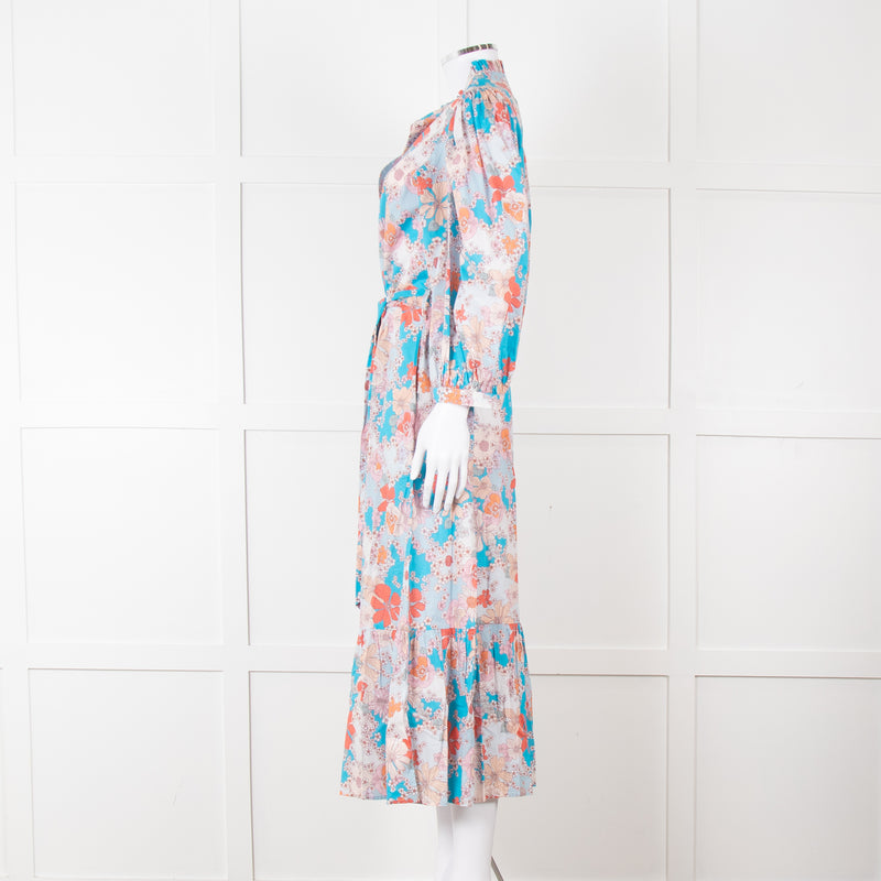 Dea Kudibal Blue Orange Floral Cotton Maxi Belted Dress