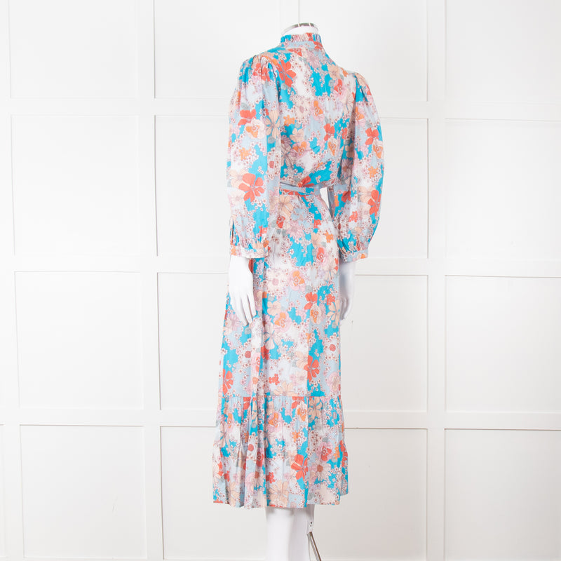 Dea Kudibal Blue Orange Floral Cotton Maxi Belted Dress