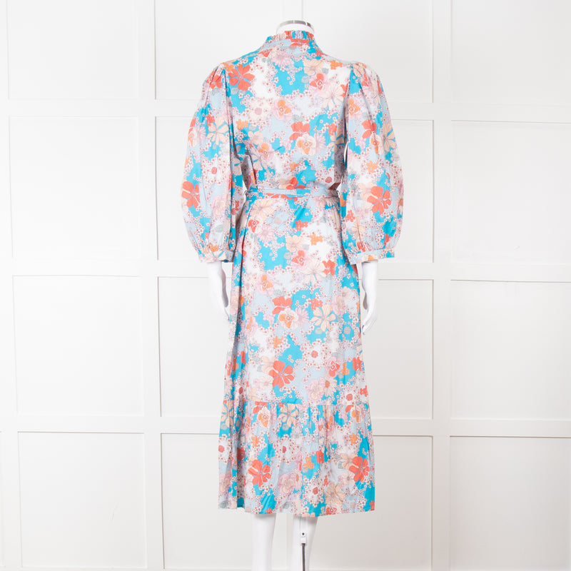 Dea Kudibal Blue Orange Floral Cotton Maxi Belted Dress