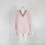 120% Lino Pale Pink Linen Top with Applica V Neck
