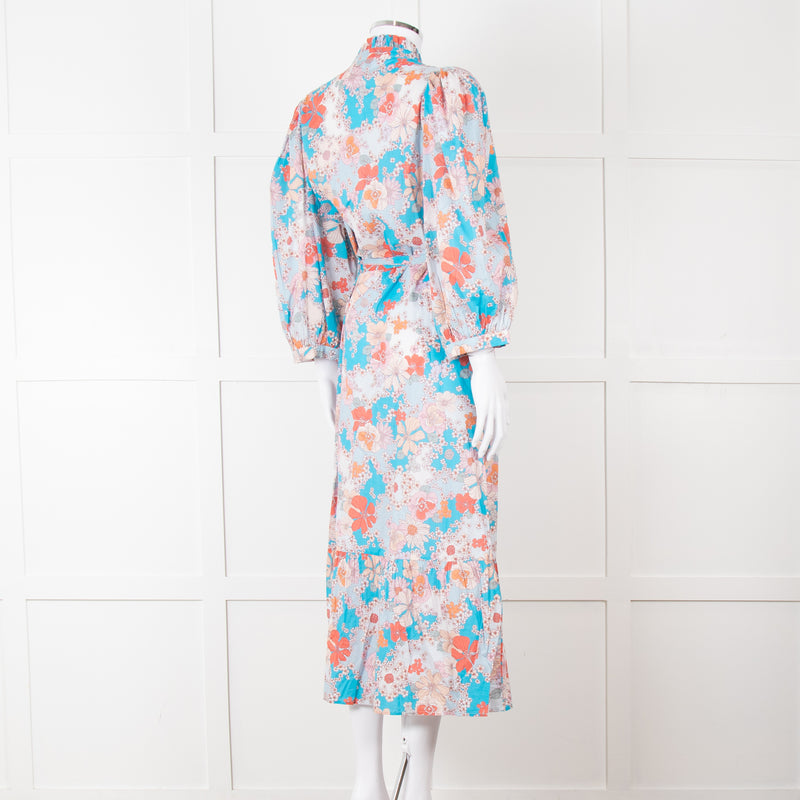 Dea Kudibal Blue Orange Floral Cotton Maxi Belted Dress