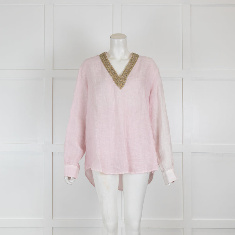 120% Lino Pale Pink Linen Top with Applica V Neck