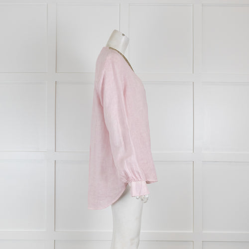 120% Lino Pale Pink Linen Top with Applica V Neck