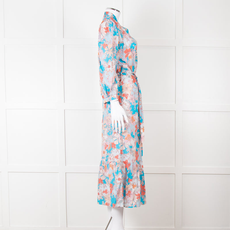 Dea Kudibal Blue Orange Floral Cotton Maxi Belted Dress