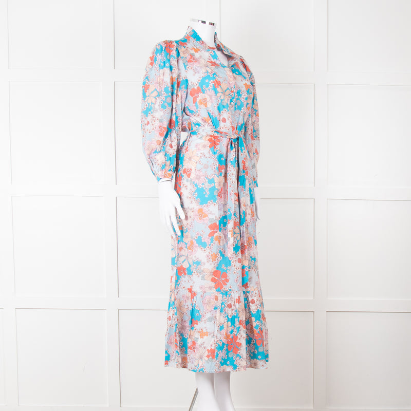 Dea Kudibal Blue Orange Floral Cotton Maxi Belted Dress
