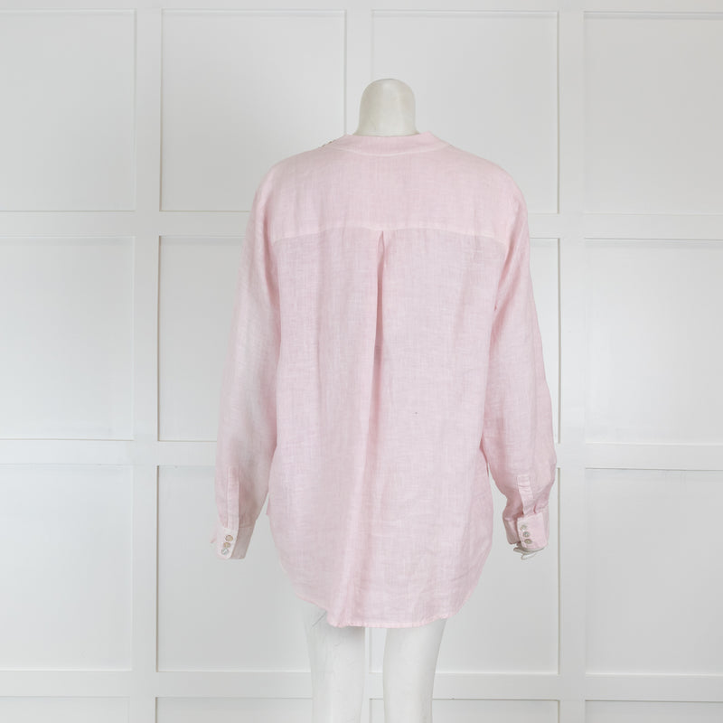 120% Lino Pale Pink Linen Top with Applica V Neck