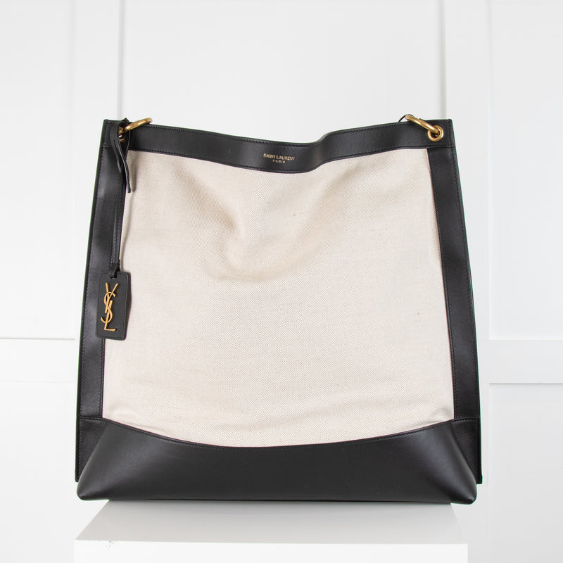 Saint Laurent White & Black Tag Hobo in Canvas and Leather