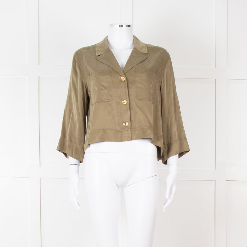 Ganni Khaki Gold Button Cropped Shirt