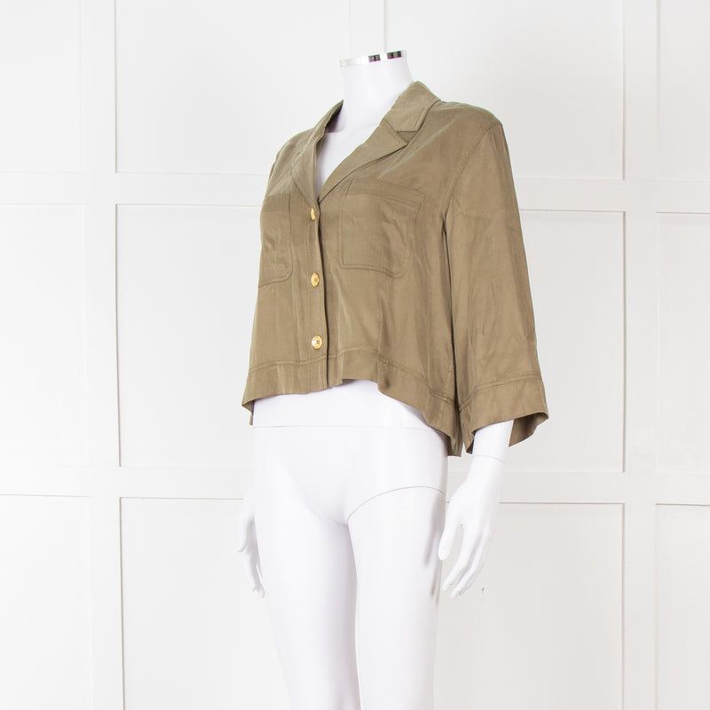 Ganni Khaki Gold Button Cropped Shirt