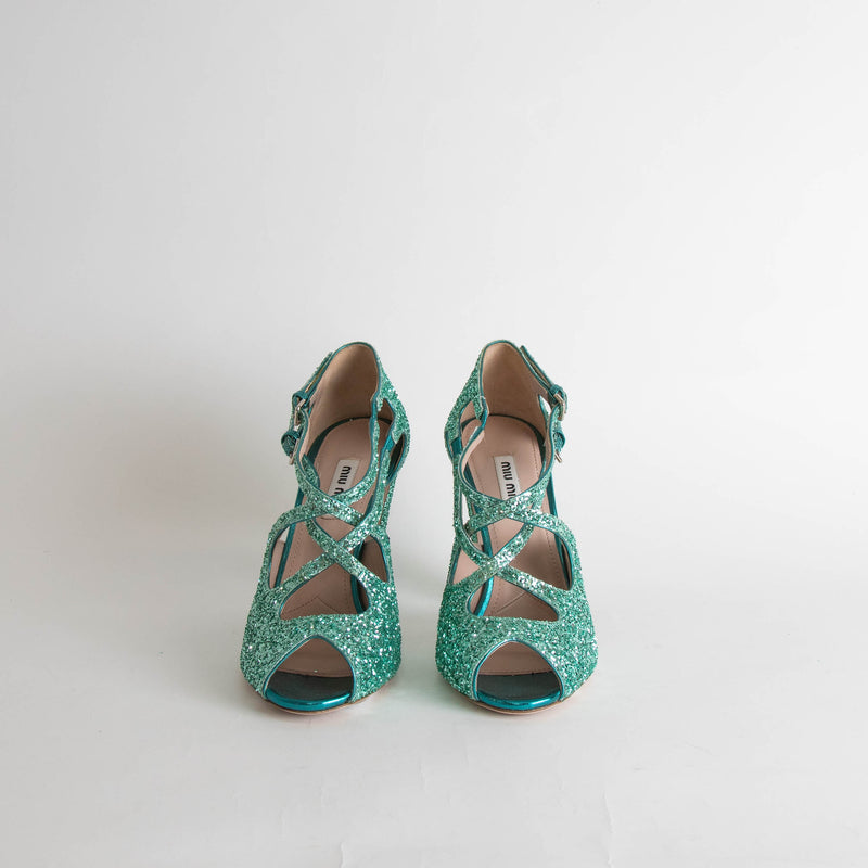 Miu Miu Turquoise Glittery Open Toe Heels