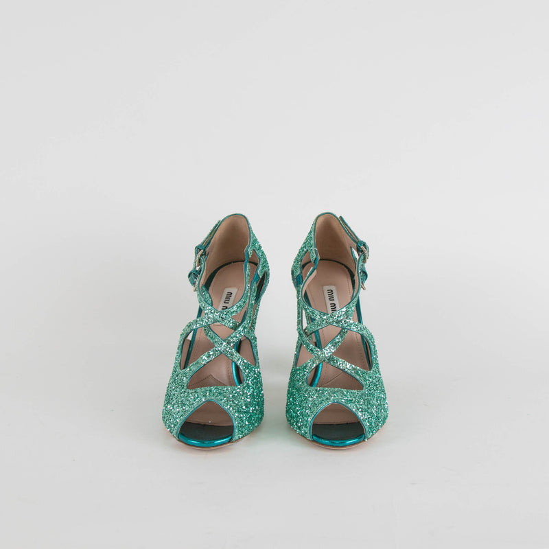 Miu Miu Turquoise Glittery Open Toe Heels