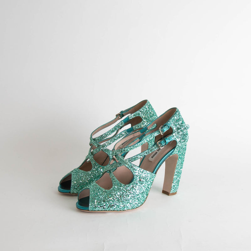 Miu Miu Turquoise Glittery Open Toe Heels
