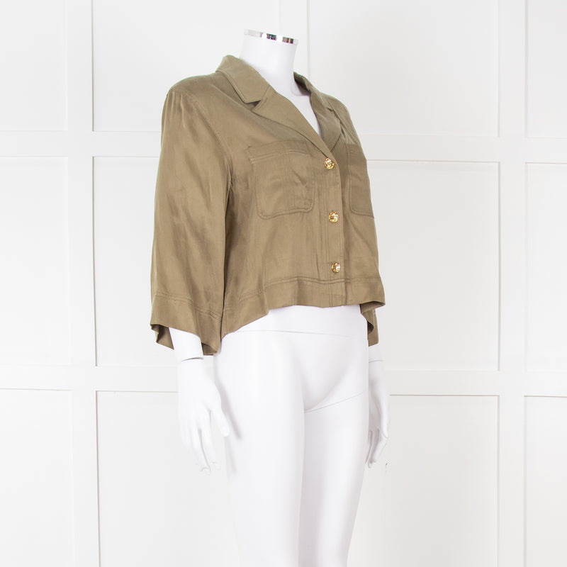 Ganni Khaki Gold Button Cropped Shirt