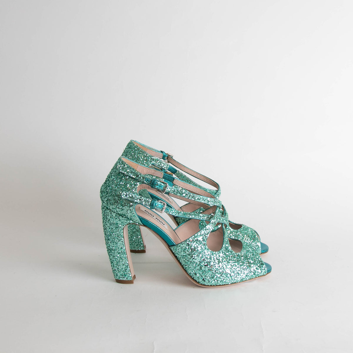 Miu Miu Turquoise Glittery Open Toe Heels