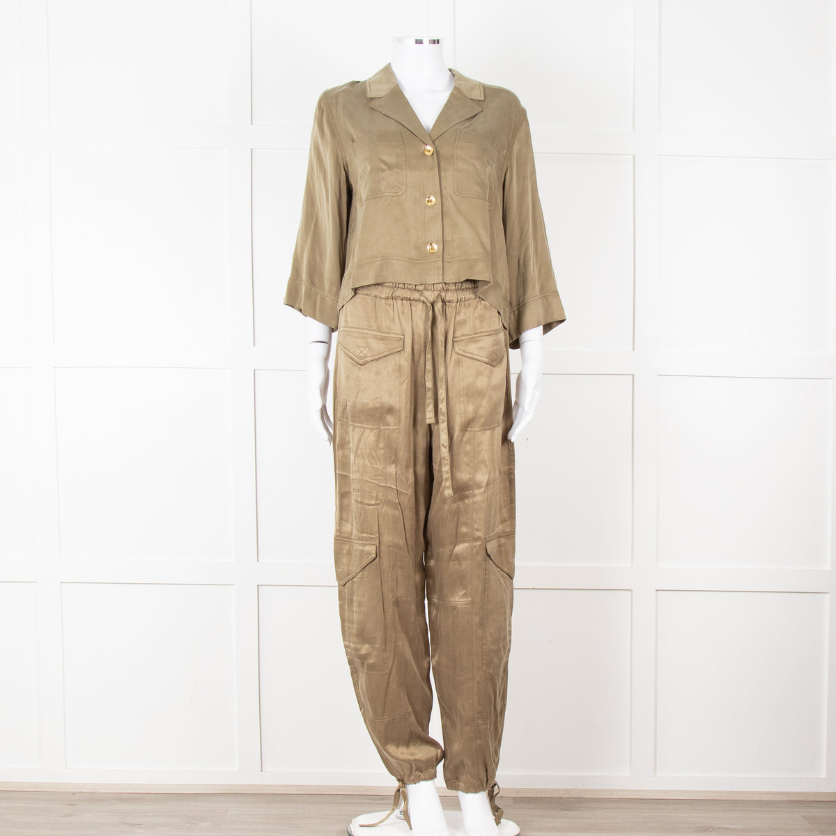 Ganni Khaki Gold Button Cropped Shirt