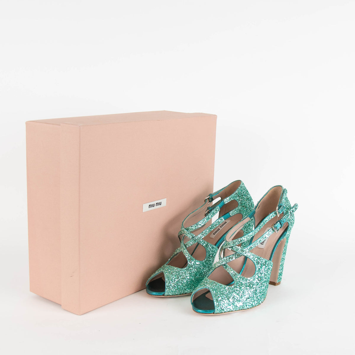 Miu Miu Turquoise Glittery Open Toe Heels