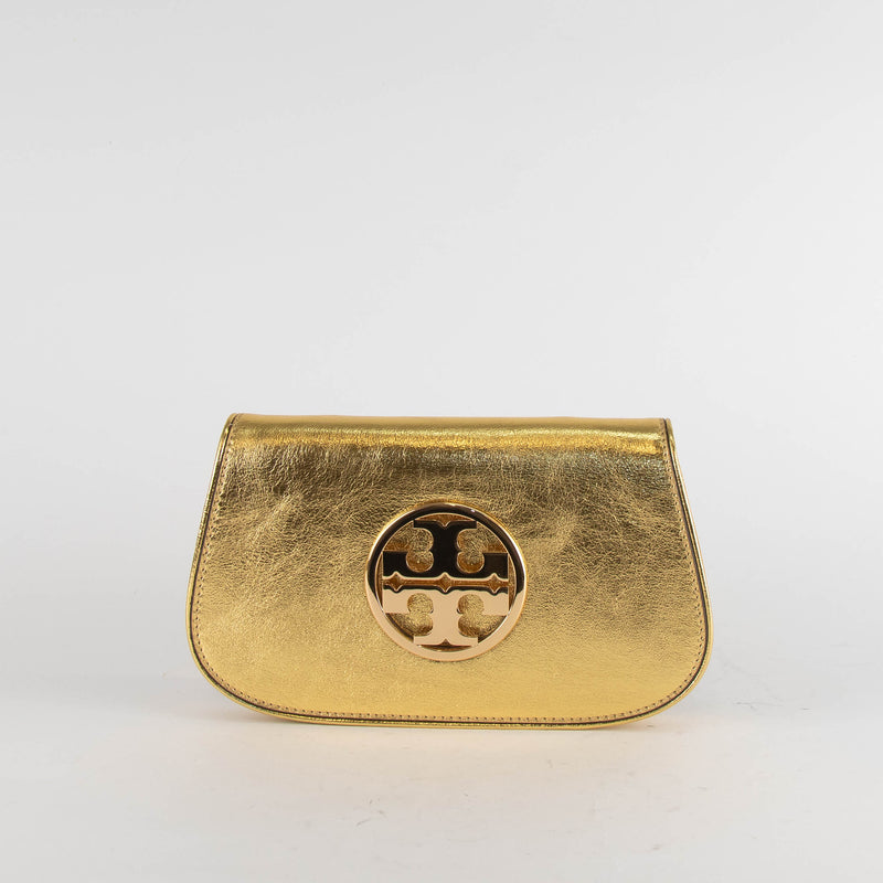 Tory Burch Reva Gold Leather Clutch Bag