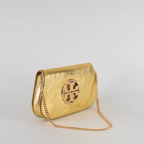 Tory Burch Reva Gold Leather Clutch Bag