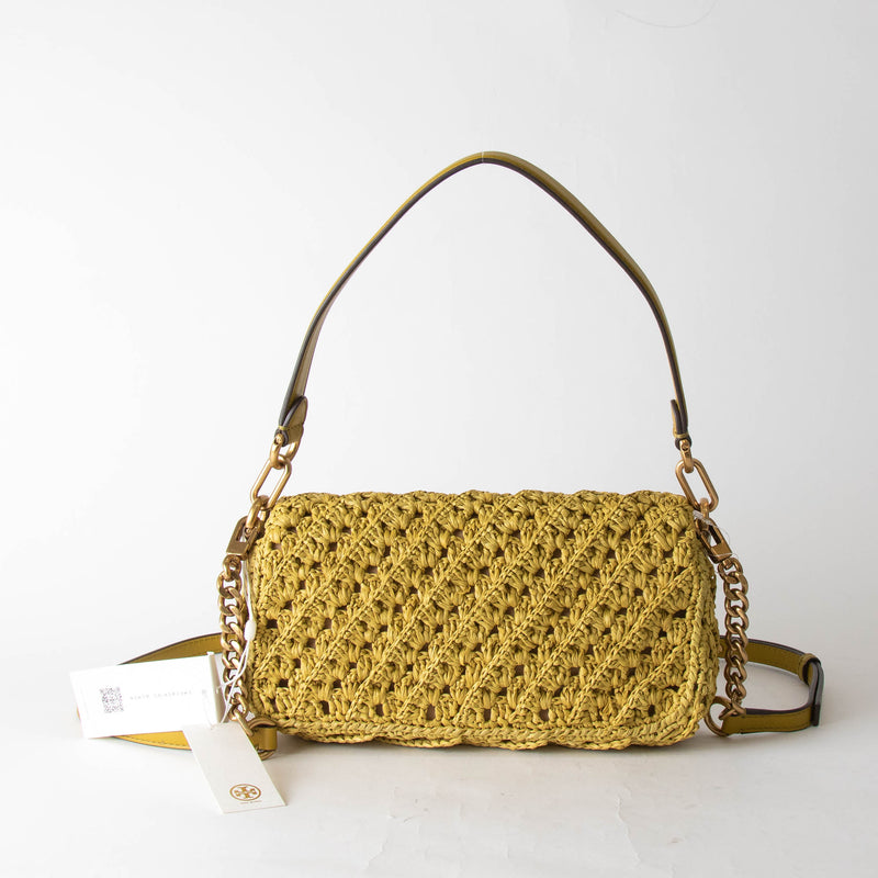 Tory Burch Lemon Kira Crocheted Straw Shoulder Bag