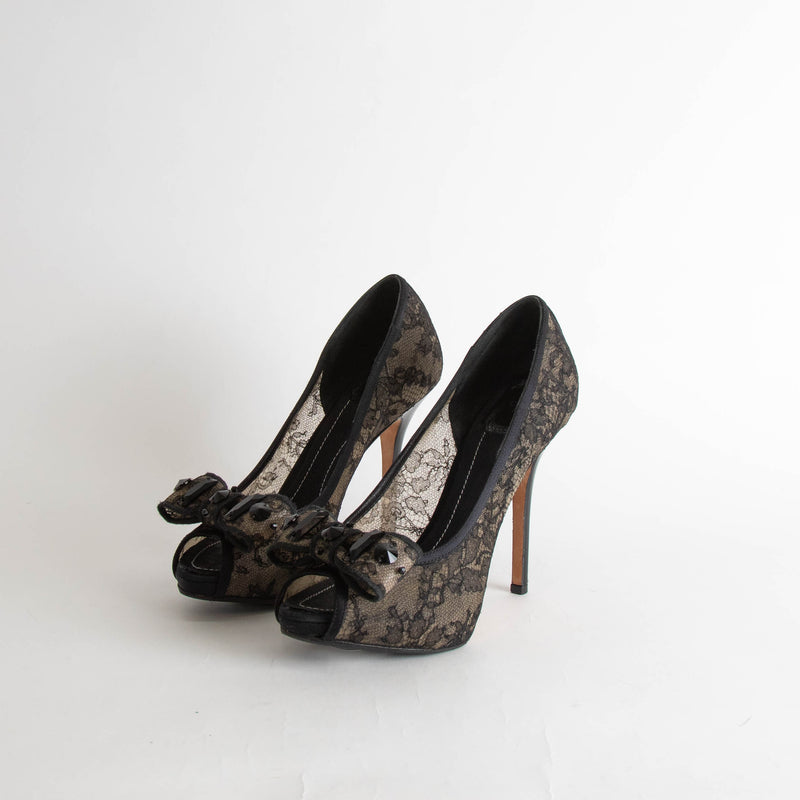 Christian Dior Black Lace Bow Heeled Shoes