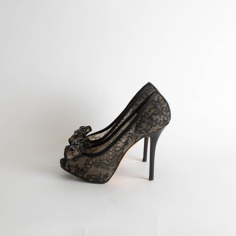 Christian Dior Black Lace Bow Heeled Shoes