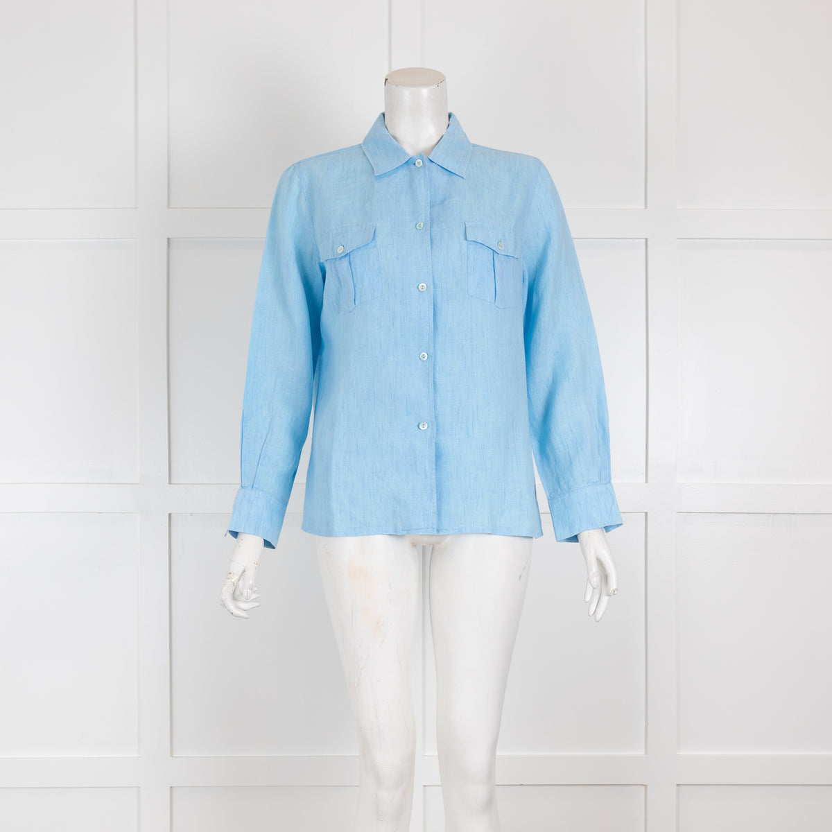 Loro Piana Light Blue Linen Long Sleeved Blouse with Pockets