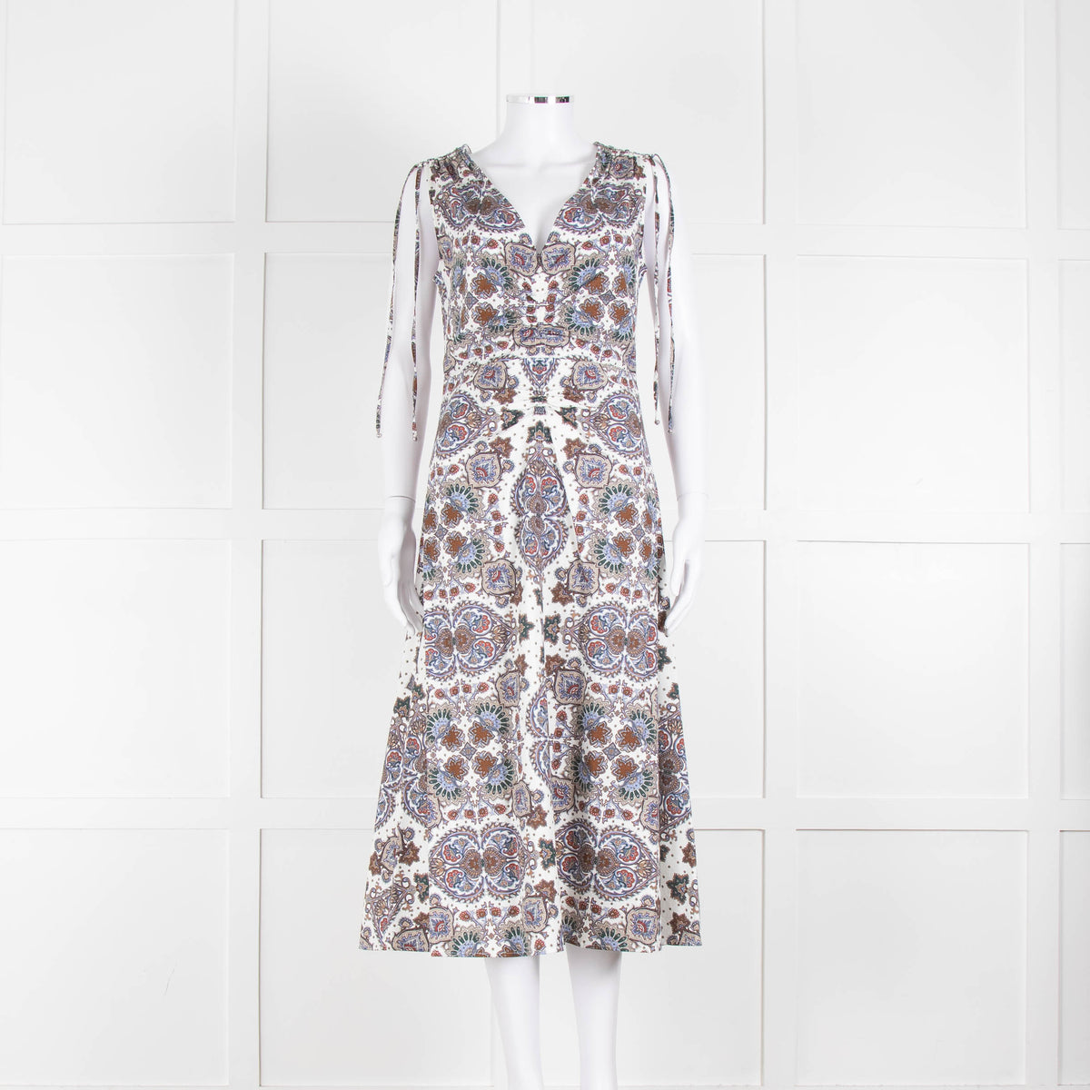 VERONICA BEARD White, Brown, Blue Pattern Cotton Sleeveless Dress