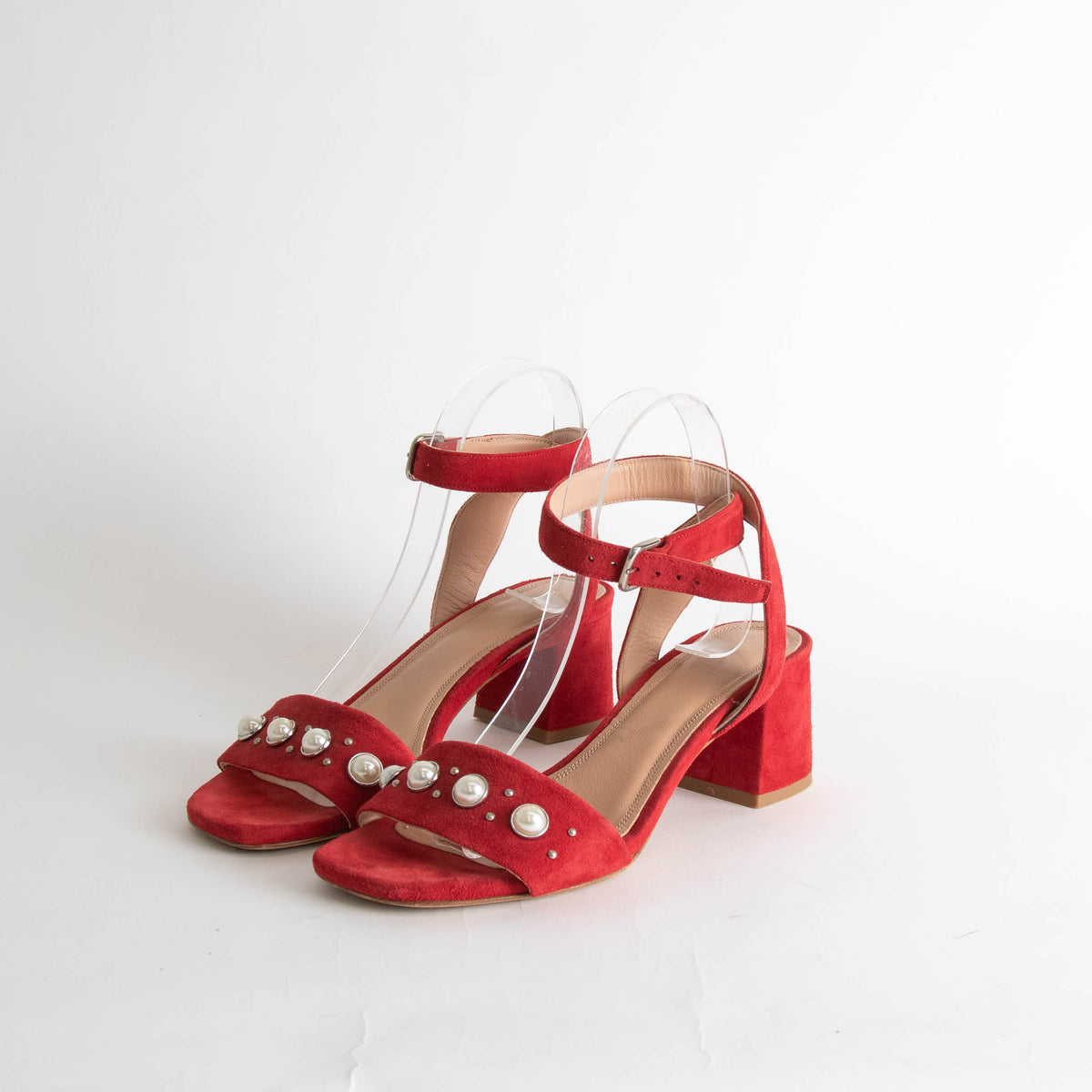 Claudie Pierlot Red Suede Pearl Block Heeled Sandals