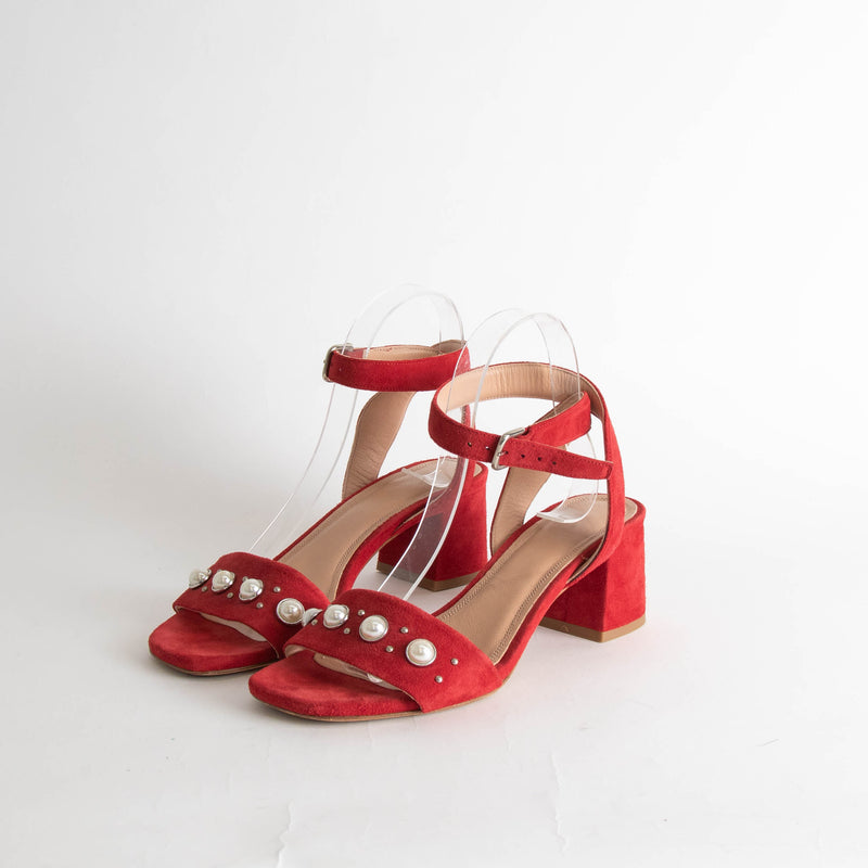 Claudie Pierlot Red Suede Pearl Block Heeled Sandals