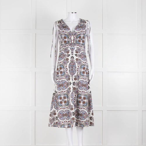 VERONICA BEARD White, Brown, Blue Pattern Cotton Sleeveless Dress