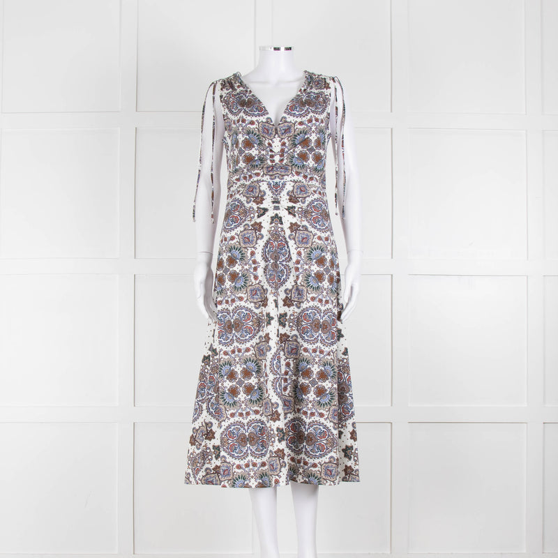 VERONICA BEARD White, Brown, Blue Pattern Cotton Sleeveless Dress