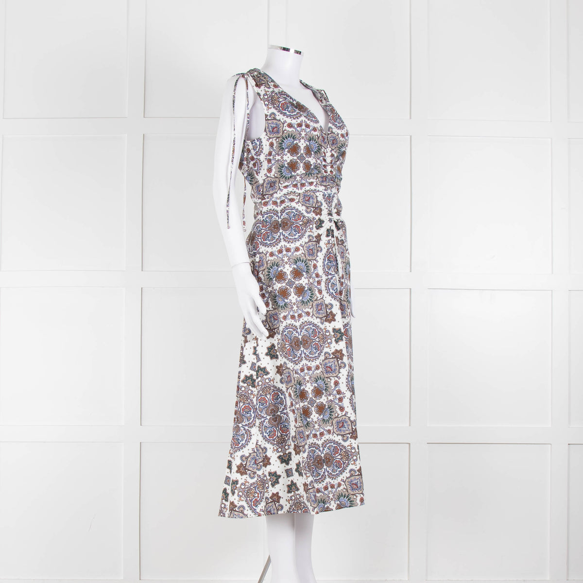 VERONICA BEARD White, Brown, Blue Pattern Cotton Sleeveless Dress