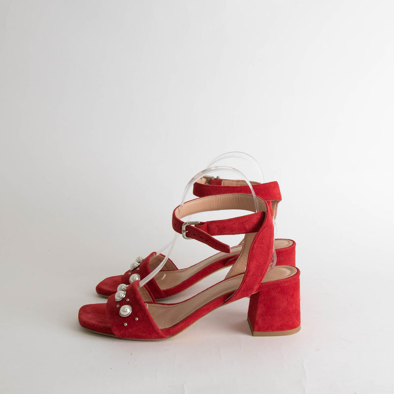 Claudie Pierlot Red Suede Pearl Block Heeled Sandals