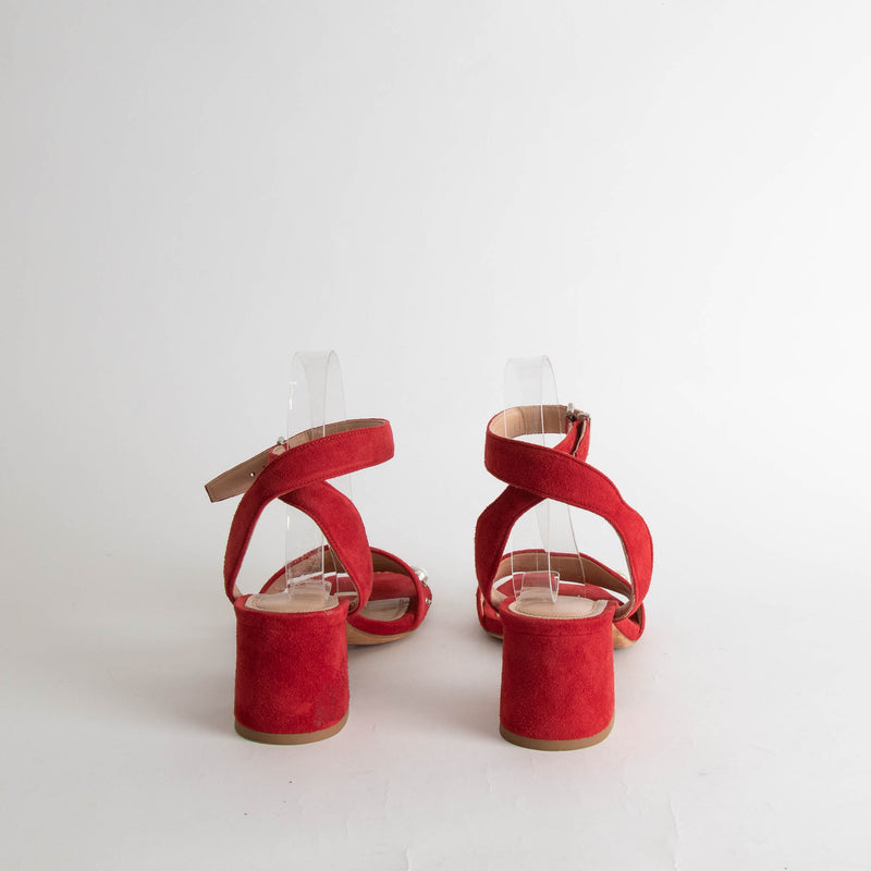 Claudie Pierlot Red Suede Pearl Block Heeled Sandals