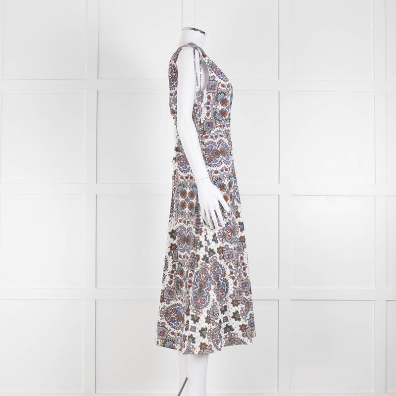 VERONICA BEARD White, Brown, Blue Pattern Cotton Sleeveless Dress