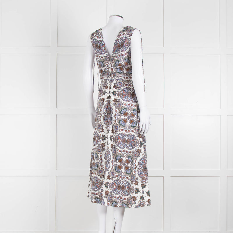 VERONICA BEARD White, Brown, Blue Pattern Cotton Sleeveless Dress