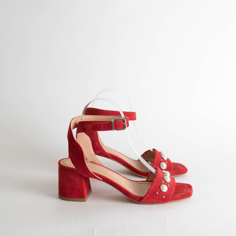 Claudie Pierlot Red Suede Pearl Block Heeled Sandals